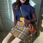 Mock Neck Long-sleeve Top / Knit Vest / Plaid A-line Skirt