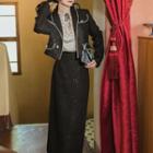 Set: Faux Pearl Trim Cropped Button Jacket + Fringed Midi Pencil Skirt