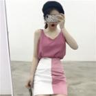 Plain V-neck Sleeveless Top / Color-block High-waist Skirt