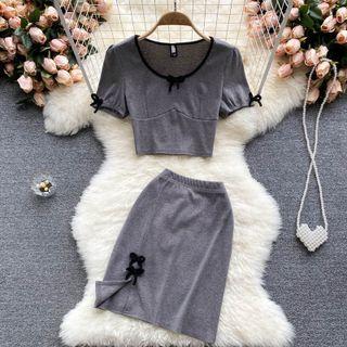 Set Of 2 : Round-neck Bow Short-sleeve Top + Slit Skirt