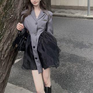 Details Asymmetrical Blazer / Sleeveless Mesh Mini Dress