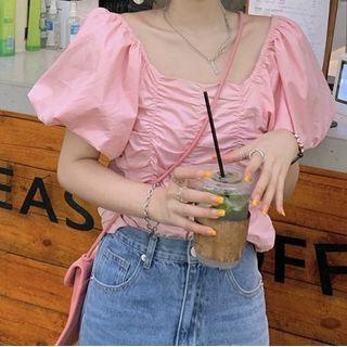 Puff-sleeve Ruched Top Pink - One Size