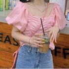 Puff-sleeve Ruched Top Pink - One Size