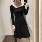 Plain Off-shoulder Slim-fit Long-sleeve Dress