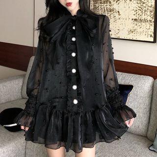 Set: Long-sleeve Beaded Mini Chiffon Dress + Slipdress