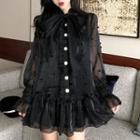 Set: Long-sleeve Beaded Mini Chiffon Dress + Slipdress
