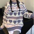 Round Neck Contrast Heart Print Loose Fit Sweater