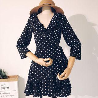 Long-sleeve Ruffle-trim Dotted Mini A-line Dress