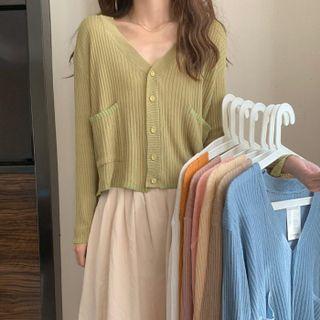 V-neck Plain Button-up Long-sleeve Ribbed Knit Top