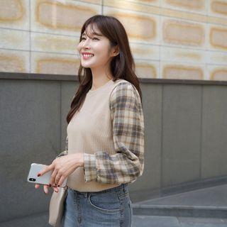 Puff-sleeve Plaid-panel Top