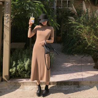 High-neck Short-sleeve Long Knit Dress
