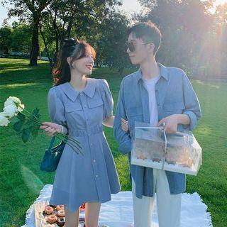 Couple Matching Pocket Detail Denim Shirt / Collared Short-sleeve Mini A-line Dress