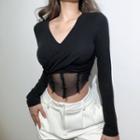 Long-sleeve Ruffled Mesh Panel T-shirt