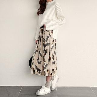 Accordion-pleat Patterned Velvet Long Skirt