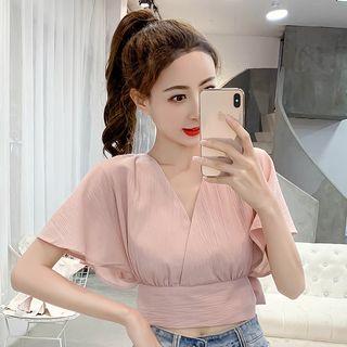 Short Sleeve Ribbon-back Cropped Top