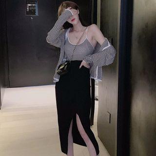 Striped Camisole Top / Button Jacket / Front Slit Midi Pencil Skirt / Set