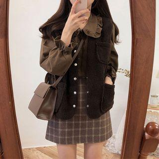 Fleece Button-up Vest / Plain Blouse / Plaid Mini Skirt / Set