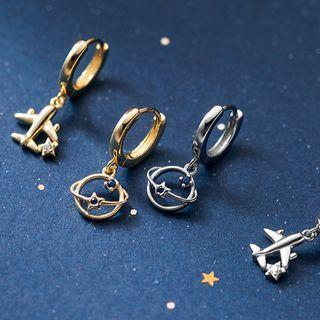 Planet & Plane Rhinestone Sterling Silver Asymmetrical Dangle Earring