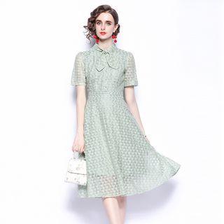 Short-sleeve Bow-neck Lace Midi A-line Dress