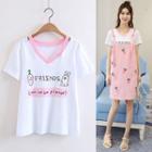 Set: Lettering Short Sleeve T-shirt + Embroidered Pinafore Dress