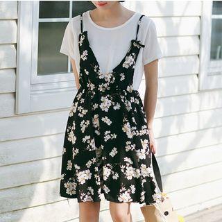 Short-sleeve Mock Two-piece Floral Print Dress
