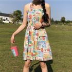 Print Sleeveless Buttoned A-line Dress As Shown In Figure - One Size