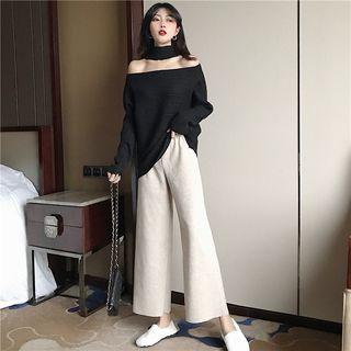 Off-shoulder Long-sleeve Sweater / Woolen Wide-leg Pants
