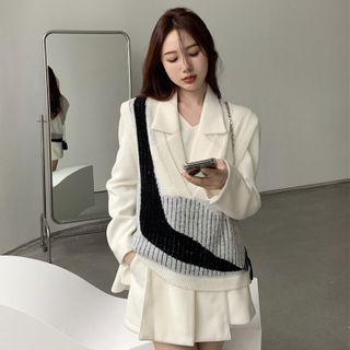 Pattern Plain Knit Vest / Long-sleeve Plain Blazer + High-waist Plain Shorts