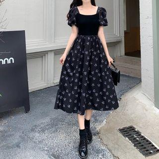 Puff-sleeve Square Neck Floral Midi A-line Dress