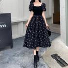 Puff-sleeve Square Neck Floral Midi A-line Dress