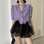 Short-sleeve Asymmetrical Ruffle Trim Cropped Blazer / Mesh Mini Skirt