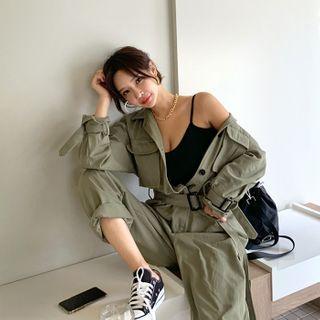 Flap-pocket Belted Jumpsuit Khaki - One Size