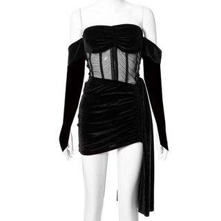 Plain Mesh Panel Long-sleeve Mini A-line Dress
