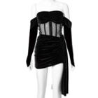 Plain Mesh Panel Long-sleeve Mini A-line Dress