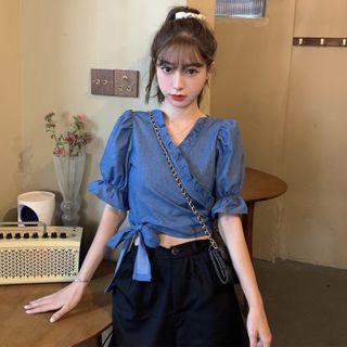 Short-sleeve Denim Wrap Blouse