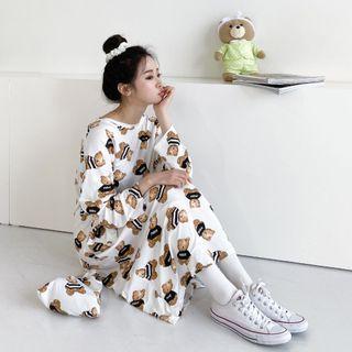 Bear Print T-shirt Dress White - One Size