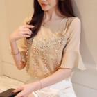 Mock Two Piece Lace Panel Elbow Sleeve Blouse