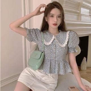 Puff-sleeve Flower Print Blouse Blue - One Size