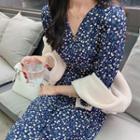 V-neck Floral Print Long-sleeve Midi Dress
