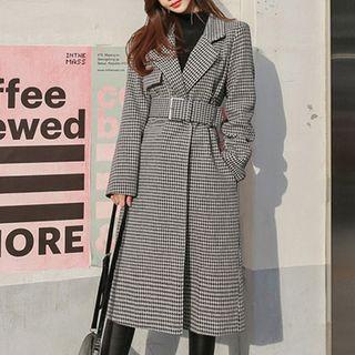 Long Houndstooth Tie-waist Buttoned Coat