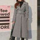 Long Houndstooth Tie-waist Buttoned Coat