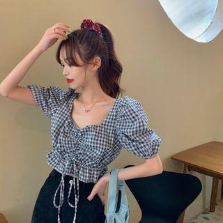 Square Collar Plaid Top As Shown In Figure - One Size