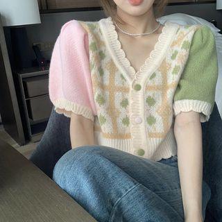 Puff-sleeve Printed Panel Cropped Knit Top Top - One Size
