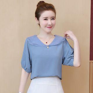 Double Collar Short-sleeve Chiffon Blouse