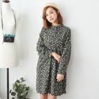 Stand Collar Floral Print Dress Green - One Size