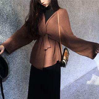 Tie Waist Cardigan / Long-sleeve Knitted Midi Dress