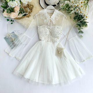 Long-sleeve Sequined A-line Dress White - One Size