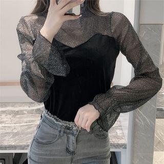 Glittered Mesh Panel Blouse Black - One Size