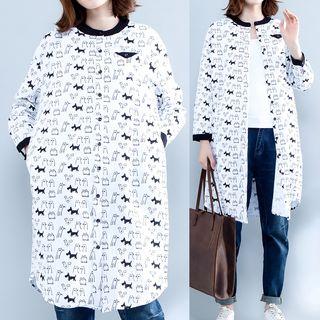 Dog Print 3/4 Sleeve Band Collar Shirt