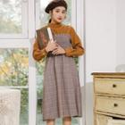 Long-sleeve Plaid Paneled A-line Midi Dress Khaki - One Size